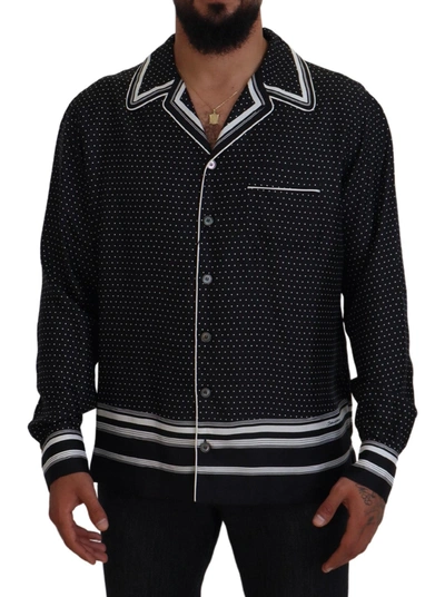 Shop Dolce & Gabbana Black White Polka Dots Men Pajama Silk Men's Top In Black/white