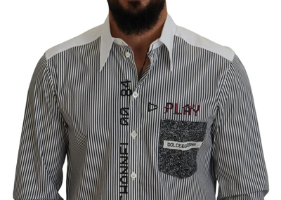 Shop Dolce & Gabbana Black White Striped Printed Casual Cotton Men's Shirt In Black/white