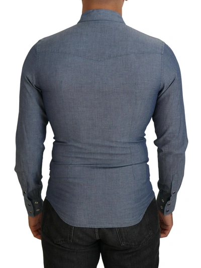 Shop Dolce & Gabbana Blue Cotton Collared Long Sleeve Casual Men's Shirt