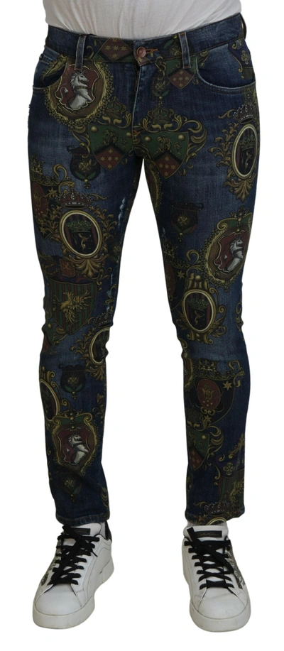 Shop Dolce & Gabbana Blue Heraldic Print Cotton Skinny Denim Men's Jeans