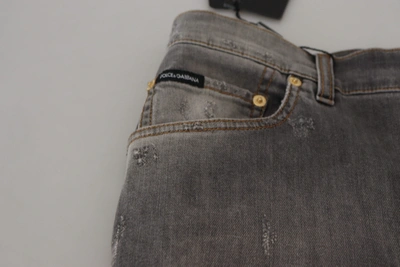 Shop Dolce & Gabbana Gray Embroidery Tattered Cotton Denim Men's Jeans