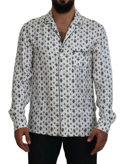 Shop Dolce & Gabbana White Crown Bee Print Long Sleeve Pajama Men's Top In Off White