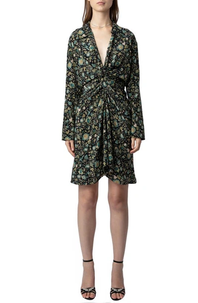 Shop Zadig & Voltaire Rozo Floral Twist Front Long Sleeve Silk Shirtdress In Noir