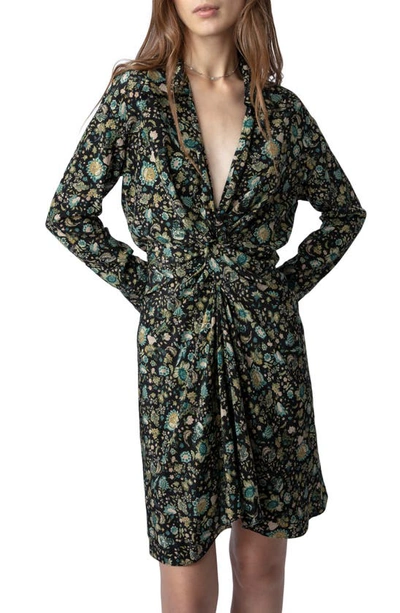 Shop Zadig & Voltaire Rozo Floral Twist Front Long Sleeve Silk Shirtdress In Noir