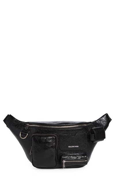 Shop Balenciaga Superbusy Crinkle Leather Belt Bag In Black