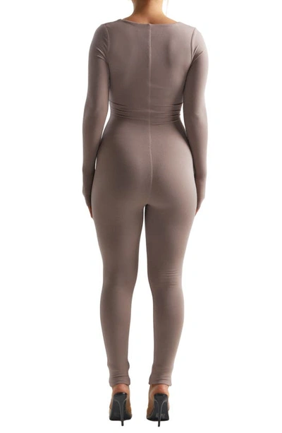 Shop Naked Wardrobe Square Neck Long Sleeve Jumpsuit In Taupe