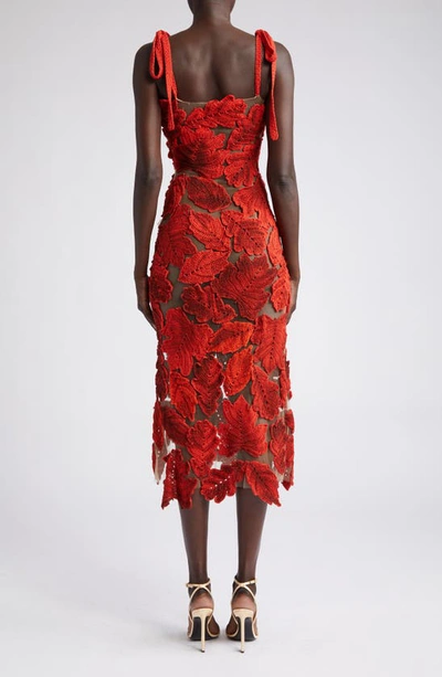 Shop Oscar De La Renta Leaf Appliqué Shoulder Tie Crochet & Tulle Dress In Sienna