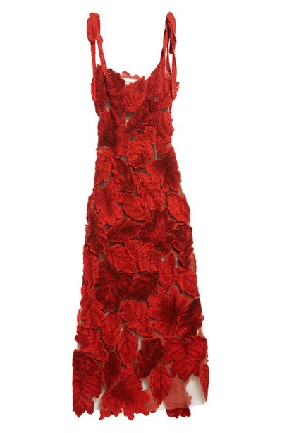 Shop Oscar De La Renta Leaf Appliqué Shoulder Tie Crochet & Tulle Dress In Sienna
