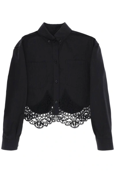 Shop Burberry Cropped Shirt With Macrame Lace Insert In Black