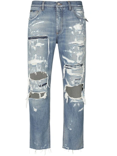 Shop Dolce & Gabbana Ripped-detail Straight-leg Jeans In Blue
