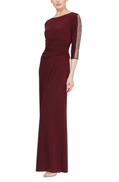 Sl Fashions Ruched Waist Embellished Sleeve Gown In Fig