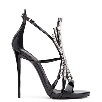 Shop Giuseppe Zanotti - Black Patent Leather Sandal With Baguette Crystals Belle