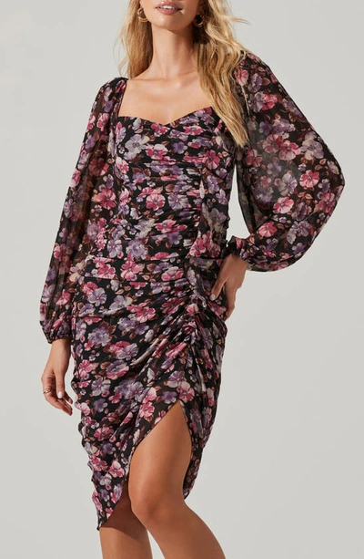 Shop Astr The Label Athens Ruched Long Sleeve Dress In Black Pink Purple