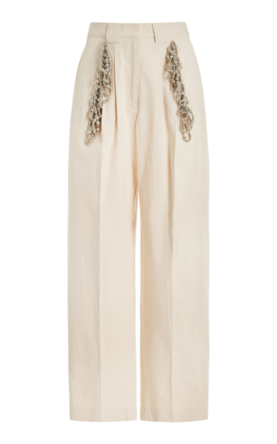 Shop Diotima Mundell Bead-embellished Cotton Wide-leg Pants In Tan