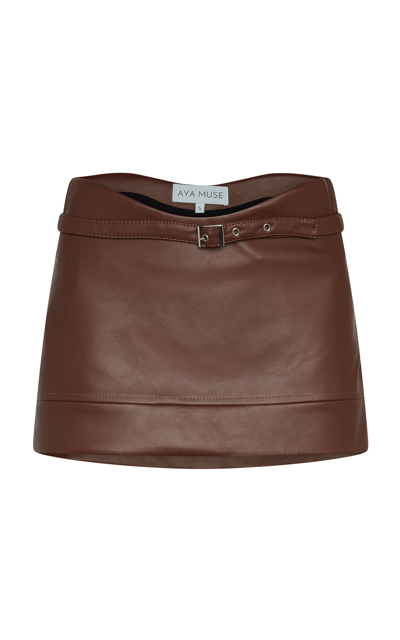 Shop Aya Muse Stru Curved Faux Leather Mini Skirt In Brown