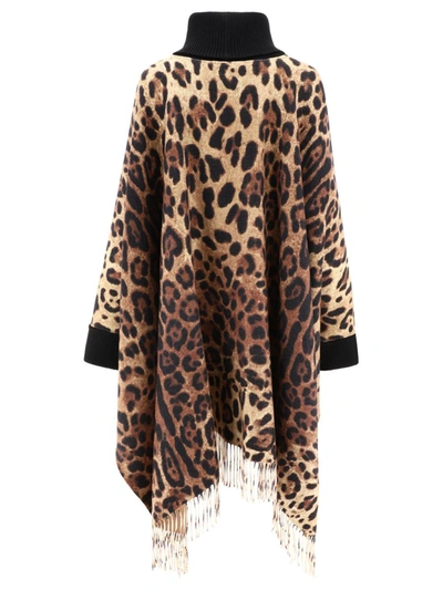 Shop Dolce & Gabbana Cashmere And Wool Poncho With Fringing In Animal Print In Brown