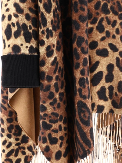 Shop Dolce & Gabbana Cashmere And Wool Poncho With Fringing In Animal Print In Brown