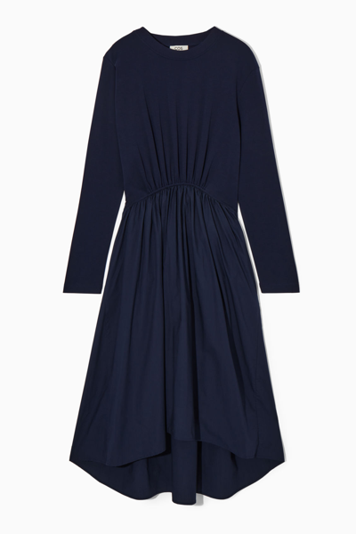 Shop Cos Asymmetric Gathered-waist Midi Dress In Blue