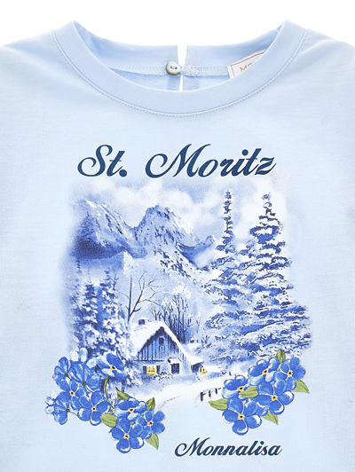 Monnalisa Cropped T-shirt With Log Cabin Print In Sky Blue