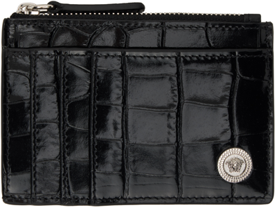 Shop Versace Black Croc Medusa Biggie Zipper Card Holder In 1b00p