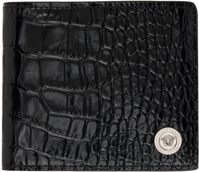 Shop Versace Black Croc Medusa Biggie Wallet In 1b00p