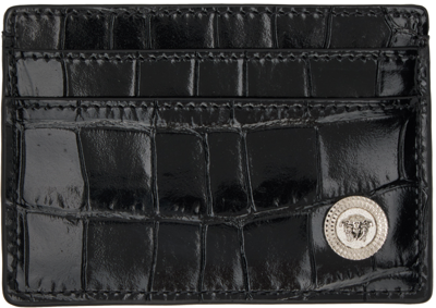 Shop Versace Black Croc Medusa Biggie Card Holder In 1b00p