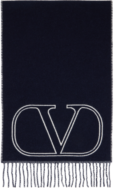 Shop Valentino Navy Vlogo Signature Scarf In 671 Navy/avorio