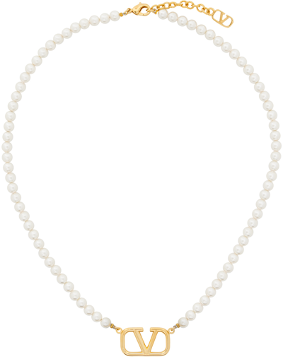Shop Valentino White & Gold Vlogo Signature Necklace In 0o3 Oro 18/cream