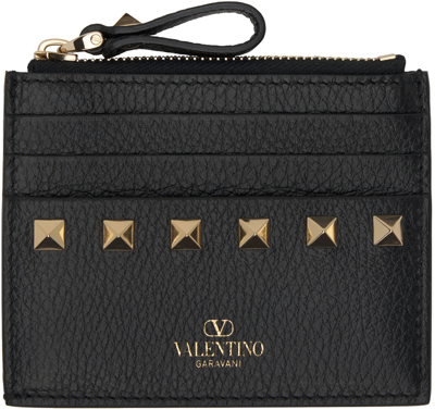 Shop Valentino Black Rockstud Zipper Card Holder In 0no Nero