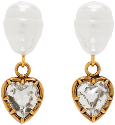 Shop Erdem Gold Pearl & Heart Drop Earrings In Pearl + Crystal