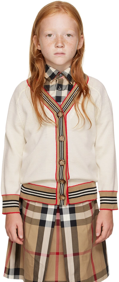 Shop Burberry Kids Off-white Icon Stripe Cardigan In Ivory