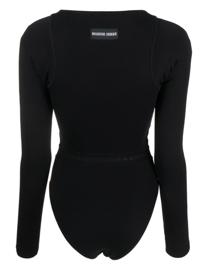 Shop Marine Serre Logo Ribbed Organic Cotton Bodysuit In Black