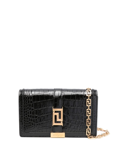 Shop Versace Greca Goddess Leather Wallet On Chain In Black