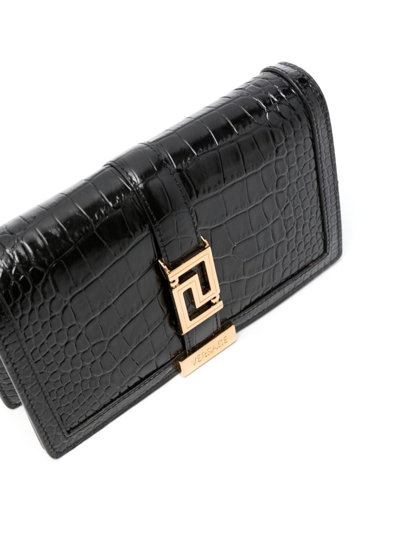 Shop Versace Greca Goddess Leather Wallet On Chain In Black