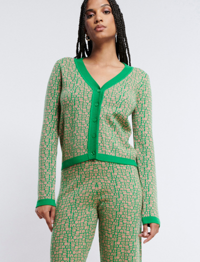 Shop Bcbgmaxazria Long Sleeve Knit Logo Cardigan In Camel/emerald Green