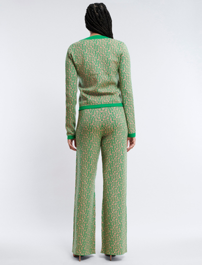Shop Bcbgmaxazria Long Sleeve Knit Logo Cardigan In Camel/emerald Green
