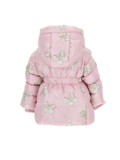 Monnalisa Long Nylon Down Jacket With Bow Print In Petal Pink