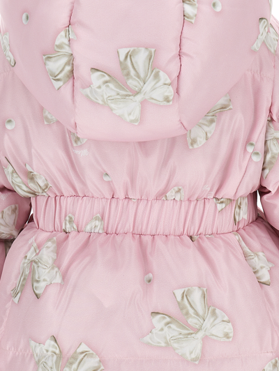 Monnalisa Long Nylon Down Jacket With Bow Print In Petal Pink