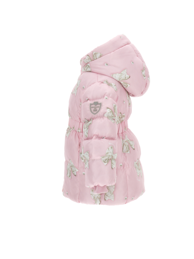 Monnalisa Long Nylon Down Jacket With Bow Print In Petal Pink