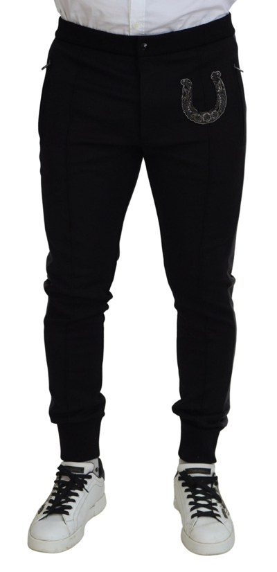 Shop Dolce & Gabbana Black Wool Horseshoe Jogger Men's Pants