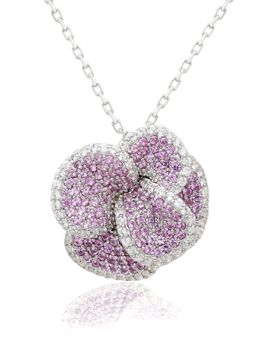 Suzy Levian Sterling Silver Pink Sapphire And Diamond Pave Peony Flower Pendant With Chain