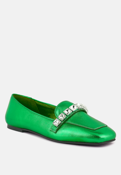 Shop Rag & Co Churros Diamante Embellished Metallic Loafers In Green