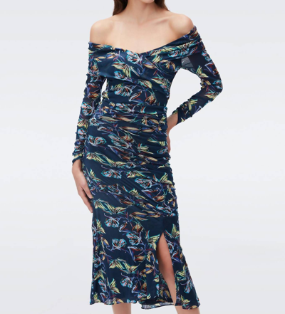 Shop Diane Von Furstenberg Ganesa Mesh Midi Dress In Abstract Btfly Sm Perf Navy In Multi