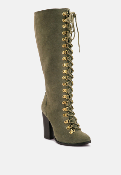 Shop Rag & Co Street-slay Antique Eyelets Lace Up Knee Boots In Olive In Green