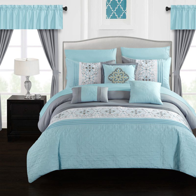 Shop Chic Home Design Herta 20 Piece Comforter Set Color Block Floral Embroidered Bed In A Bag Bedding In Blue
