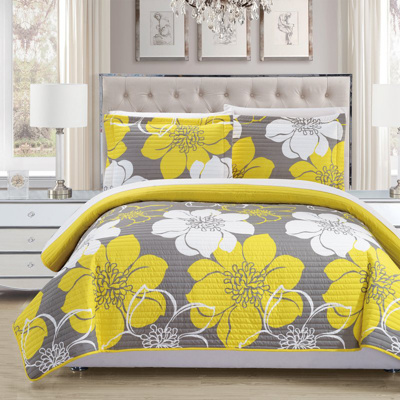 Shop Chic Home Design Chase 3 Piece Quilt Set Abstract Large Scale Printed Floral In Yellow
