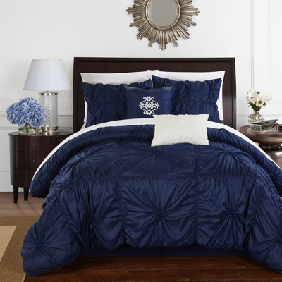 Shop Chic Home Design Hyatt 10 Piece Comforter Set Floral Pinch Pleated Ruffled Designer Embellished Bed In A Bag Bedding In Blue