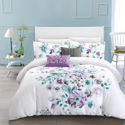 Shop Chic Home Design Aylett 5 Piece Reversible Comforter Set 100% Cotton Large Floral Design Geometric Scale Pattern Prin In Purple
