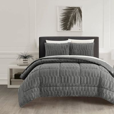 Shop Chic Home Design Pacifica 7 Piece Comforter Set Textured Geometric Pattern Faux Rabbit Fur Micro-mink Backing Bed In  In Grey