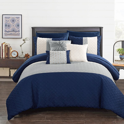 Shop Chic Home Design Arza 10 Piece Comforter Set Color Block Quilted Embroidered Design Bed In A Bag Bedding In Blue